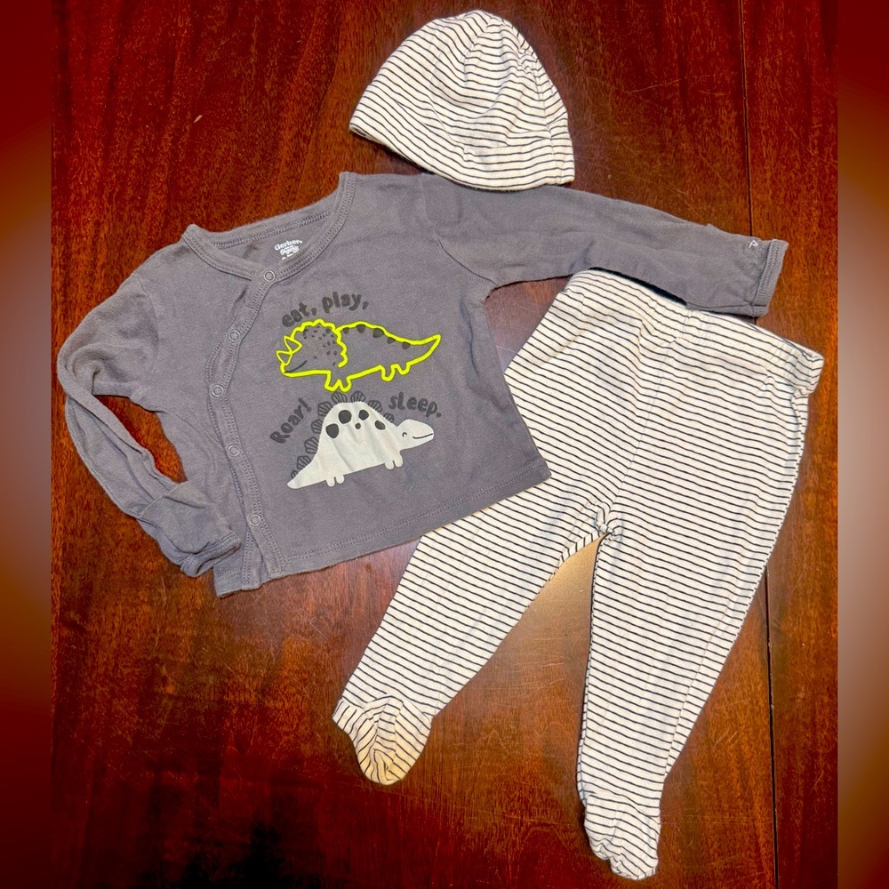Gerber Organic | Baby Set with Footed Striped Pants, DinoTop & Hat| 3-6 Months